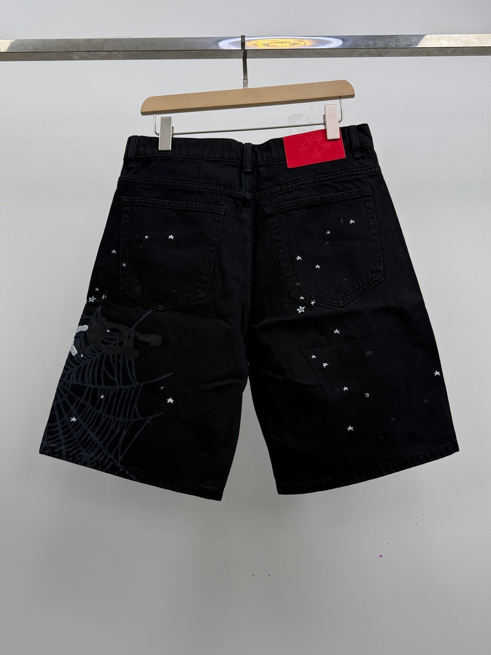 Black Graphic Jean Shorts with Star & Web Detail - Picture 2 of 6